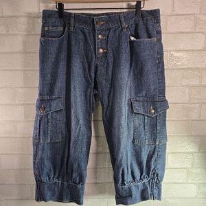 Denim Capri Jean Button Cargo Cuffed Zipped Hem Women's Size 12 Crop Pants